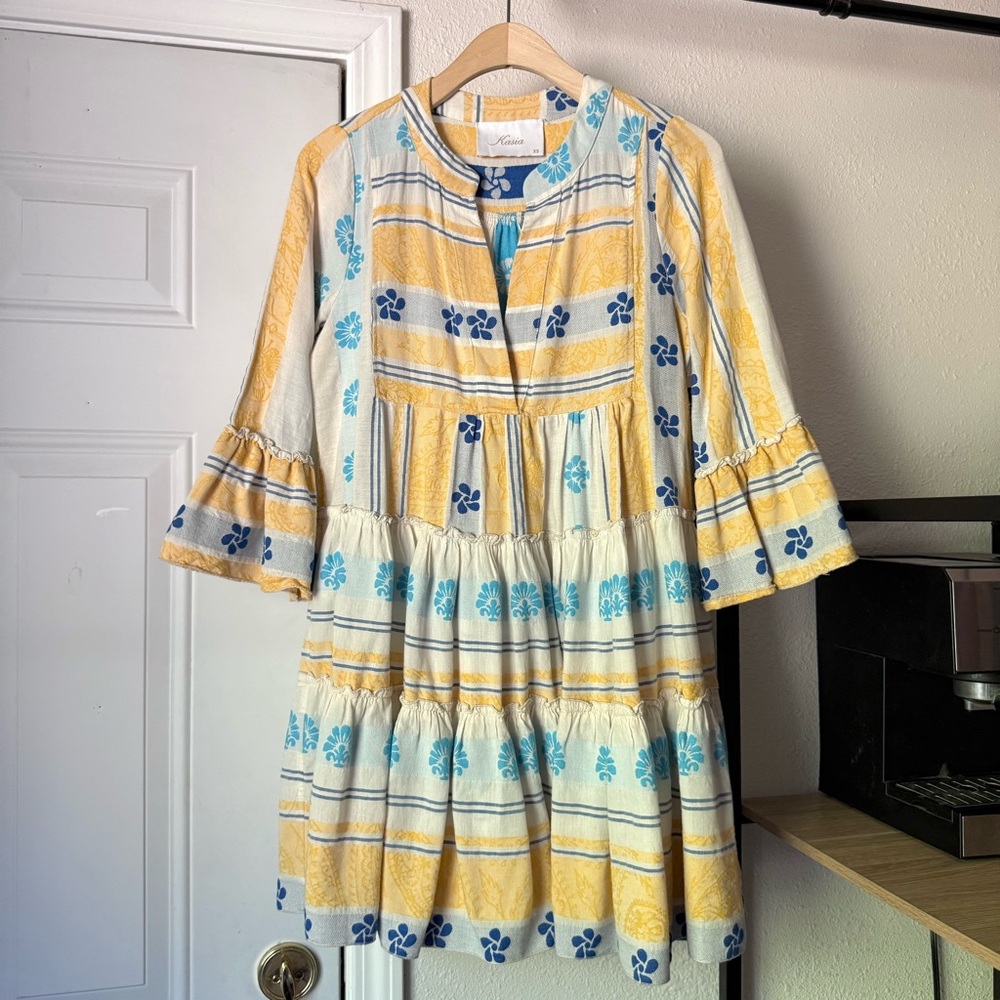 KASIA tuckernuck multicolor popover long bell sleeve cotton tiered mini dress